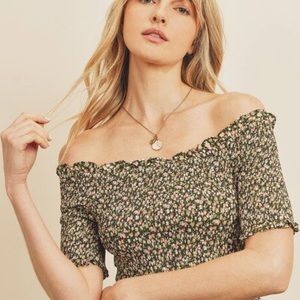 Large Yellow and Green Floral Off Shoulder Top